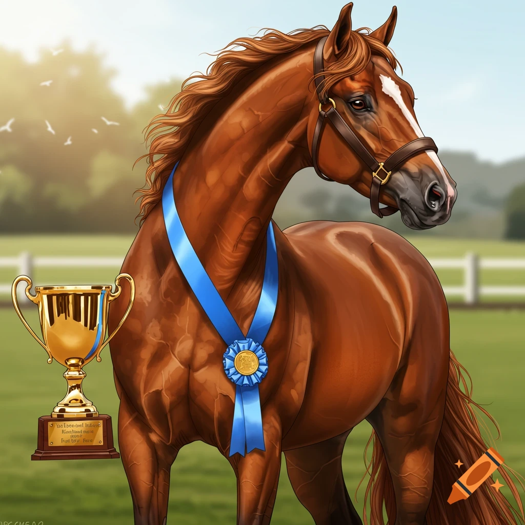 A horse with a blue ribbon and a trophy stands in a field