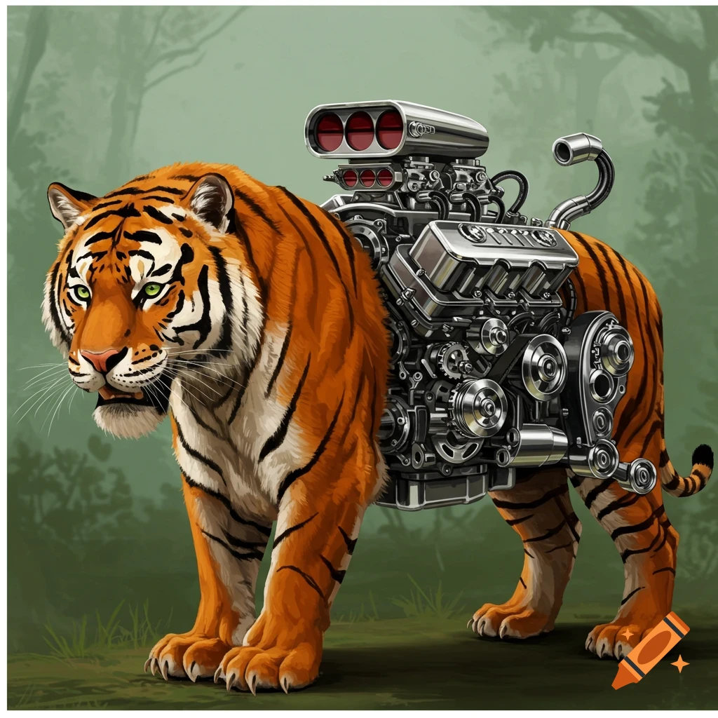 A tiger with a V8 engine replacing its hindquarters, standing in a forest.