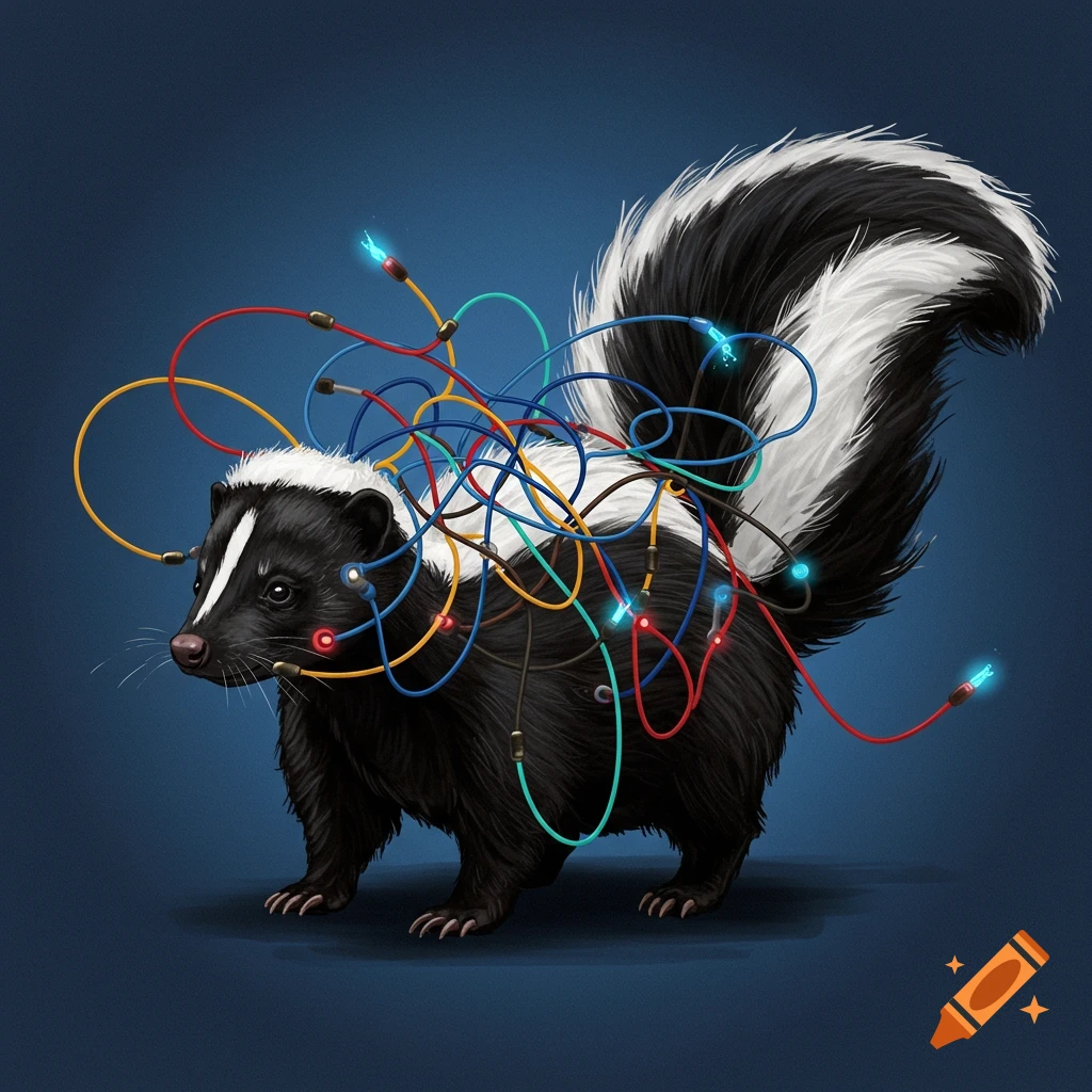 A skunk tangled in colorful cables.