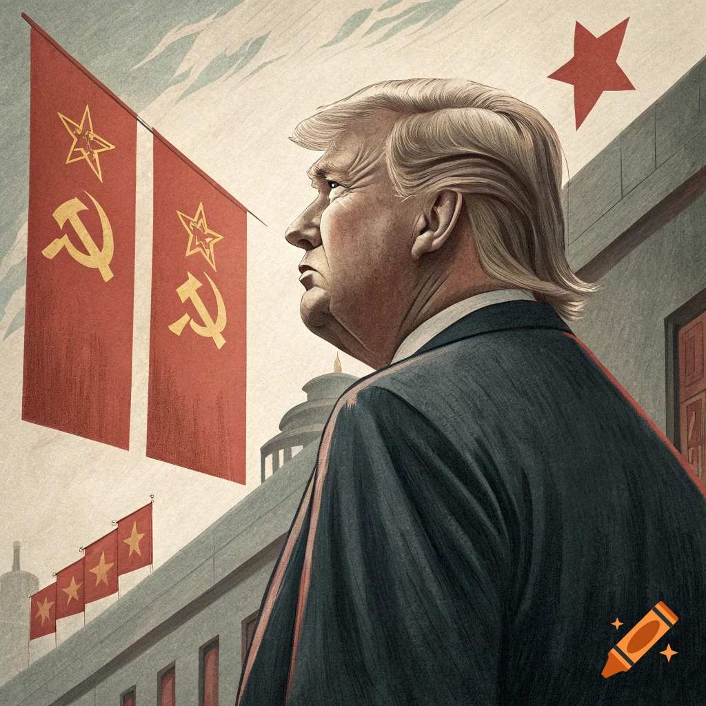 Illustration of Donald Trump with communist flags featuring hammer and sickle symbols.