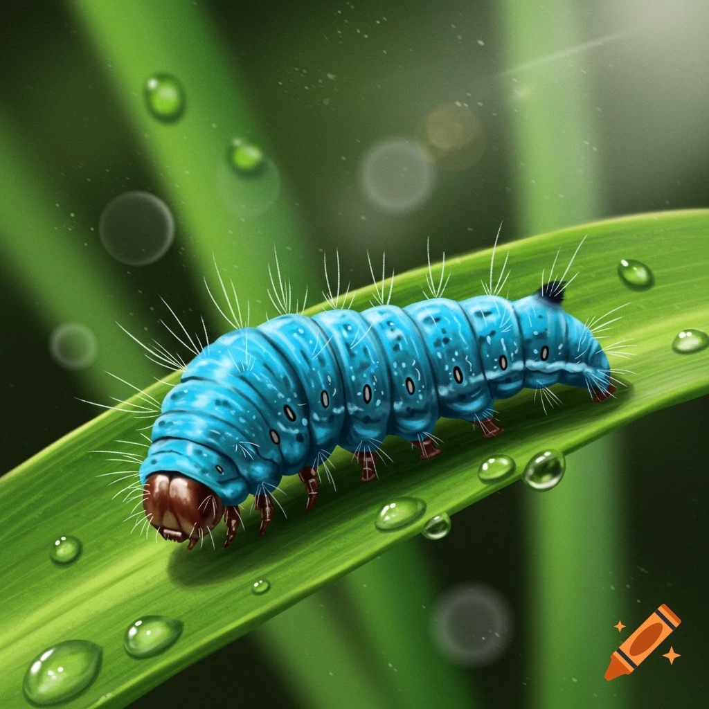 A close-up image of a bright blue caterpillar with red legs resting on a green leaf covered in water droplets.