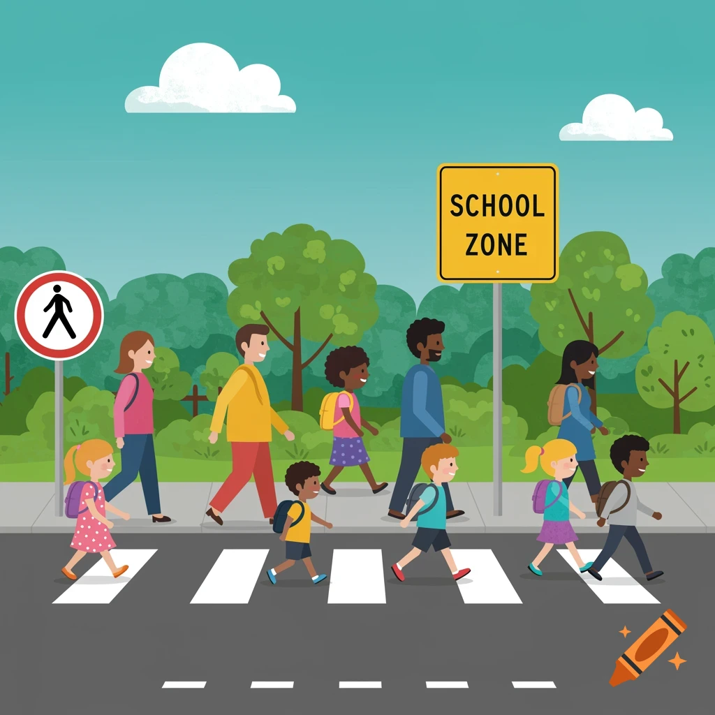 Cartoon illustration of diverse adults and children crossing the street at a school zone pedestrian crossing.