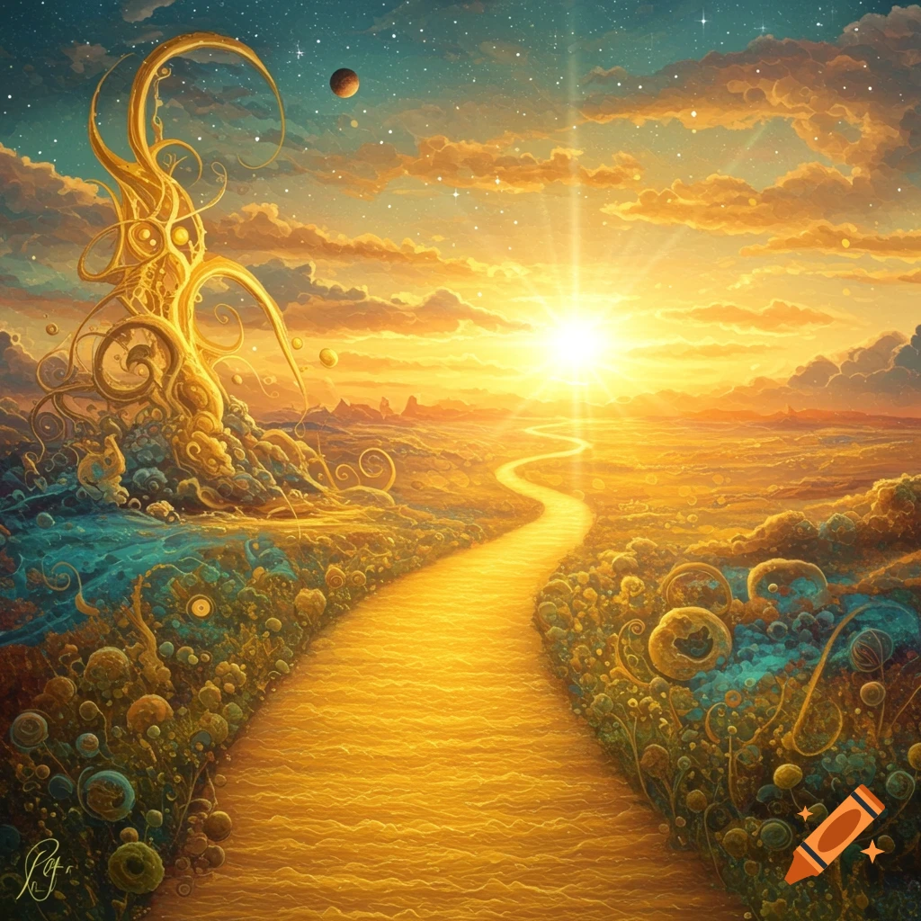 Surreal golden path winding through a vibrant alien landscape towards a bright sun with bizarre organic forms and a distant planet.