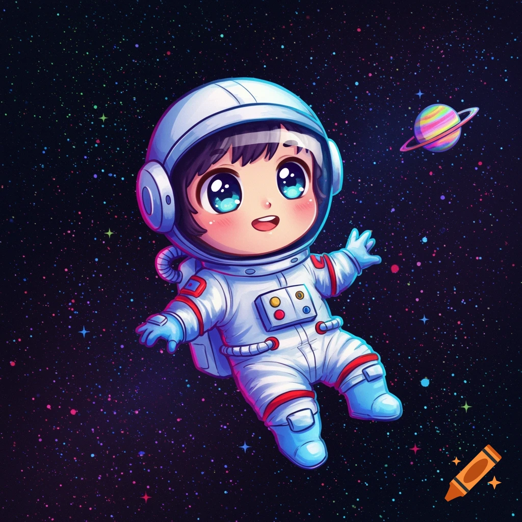 A cute chibi astronaut floats in space with colorful stars and a small planet.