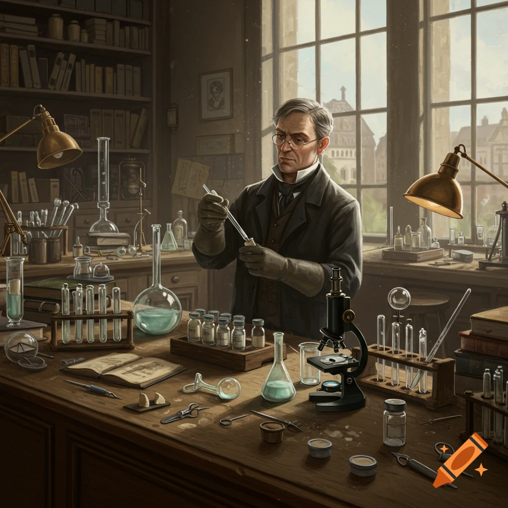 A scientist working in a vintage laboratory, handling beakers and test tubes.