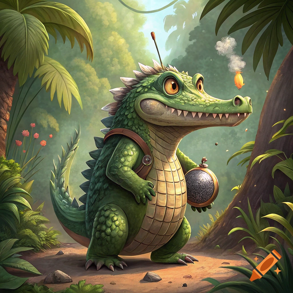 Cartoon crocodile with a compass and antenna stands in a jungle clearing.