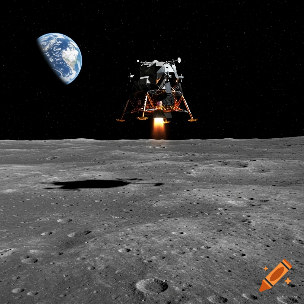 An Apollo Lunar Module descends onto the moon's surface with Earth in the distance.