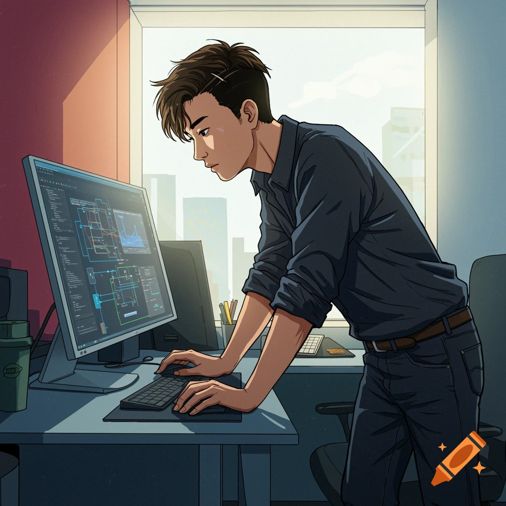 Digital art of a young man coding at a computer in an office.