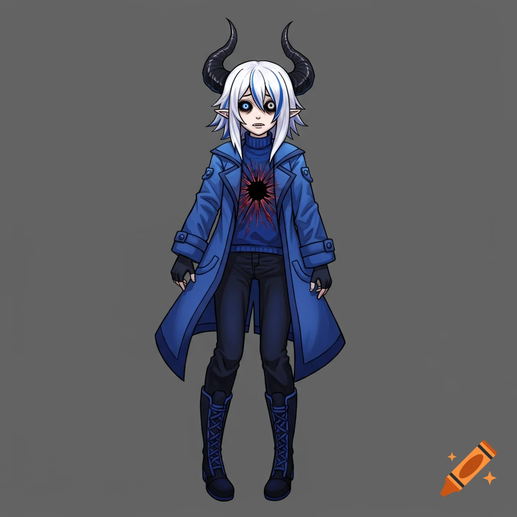 Anime character with white hair, black horns, uneven eyes, a blue coat, and a red and black stylized hole in their chest.