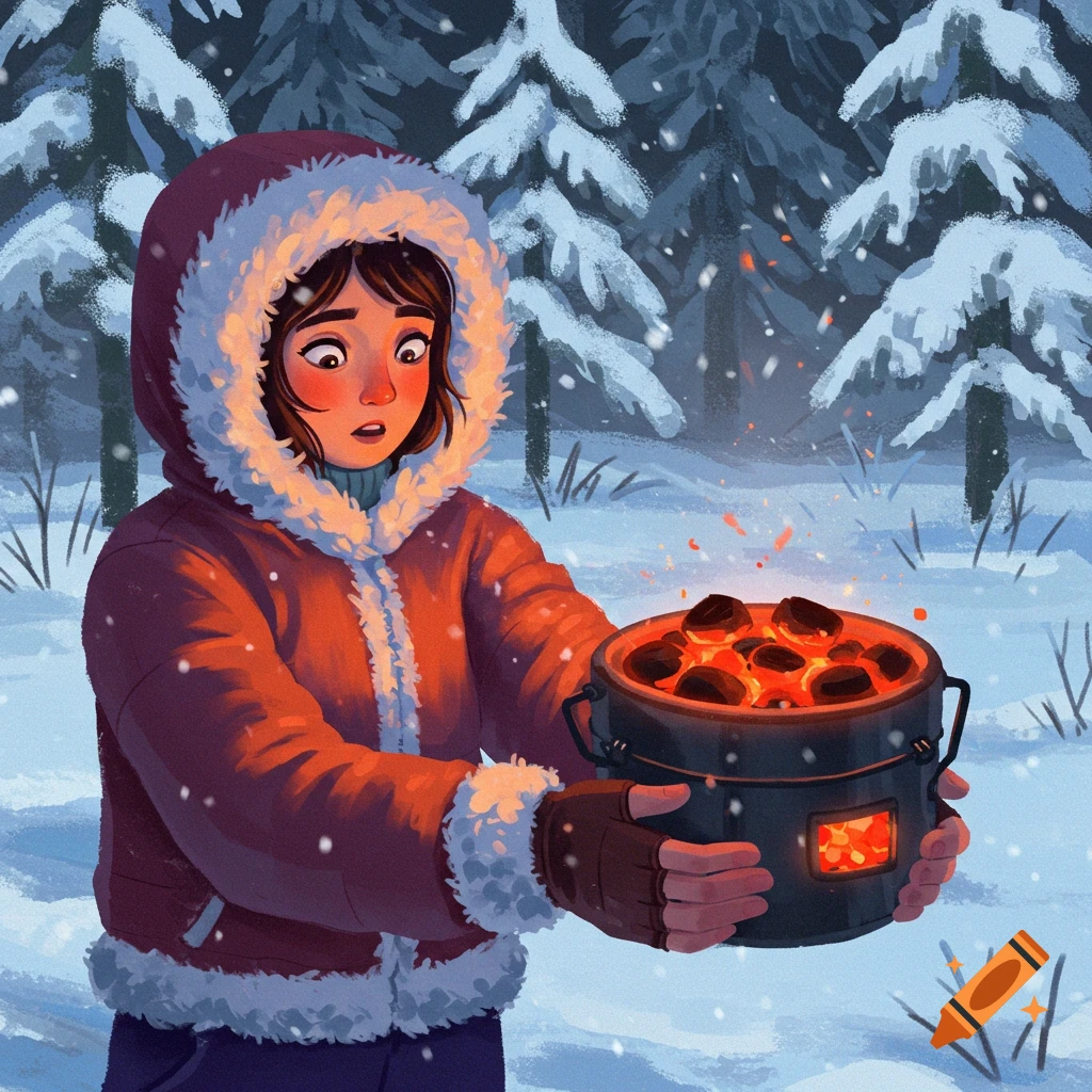 A person holds a pot of glowing coals in a snowy forest.