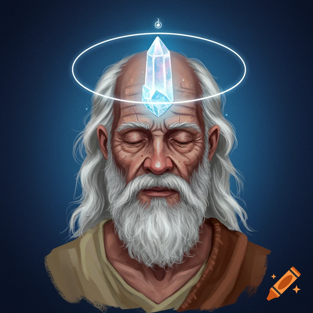 An old man with a white beard, crystal on forehead, and white aura