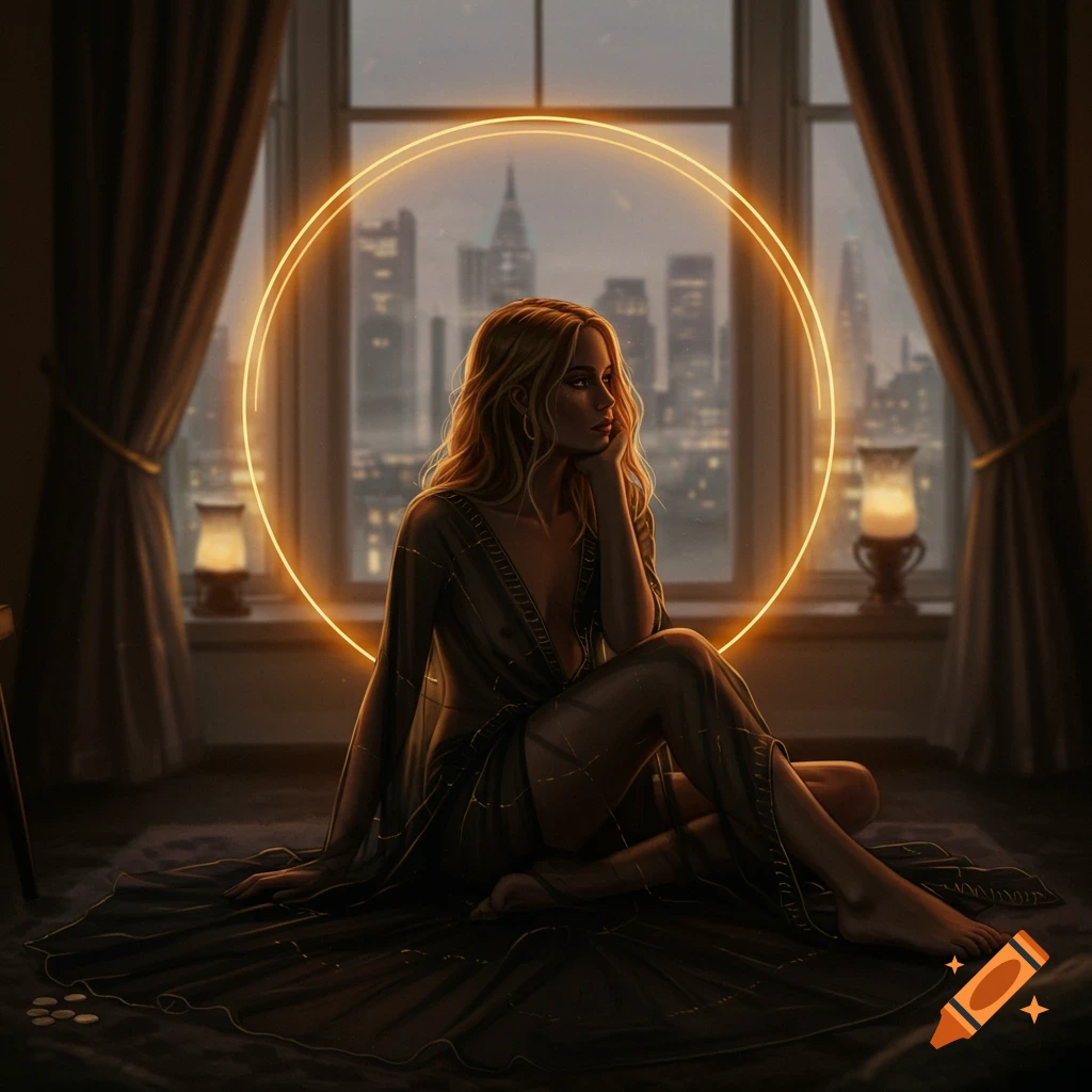 A woman is seated in a room with a cityscape view, a glowing ring behind her.