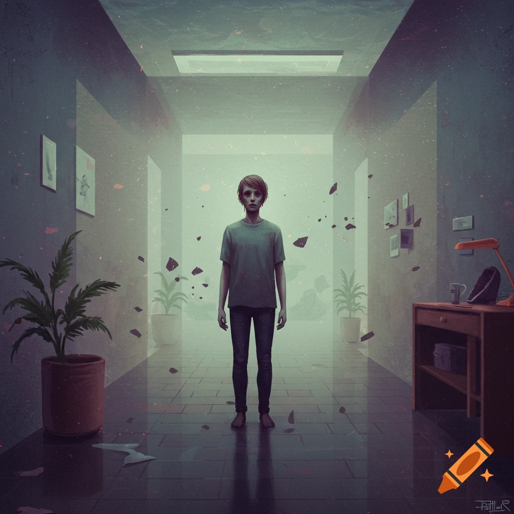 A person stands in a surreal, dusty hallway filled with floating debris