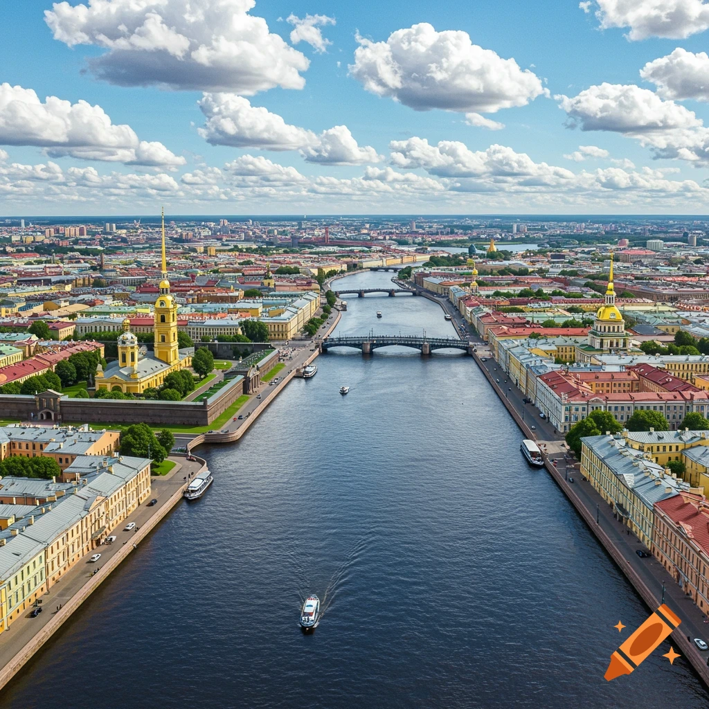 Aerial view of St. Petersburg, Russia with a river, bridges, buildings, spires, and boats.