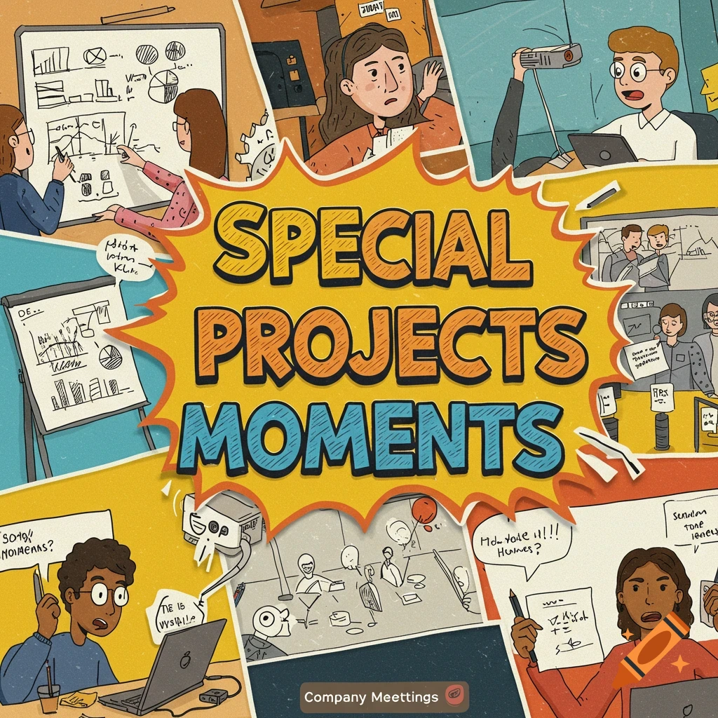 Cartoon collage illustrating scenes from company meetings and special projects, with the title "SPECIAL PROJECTS MOMENTS".