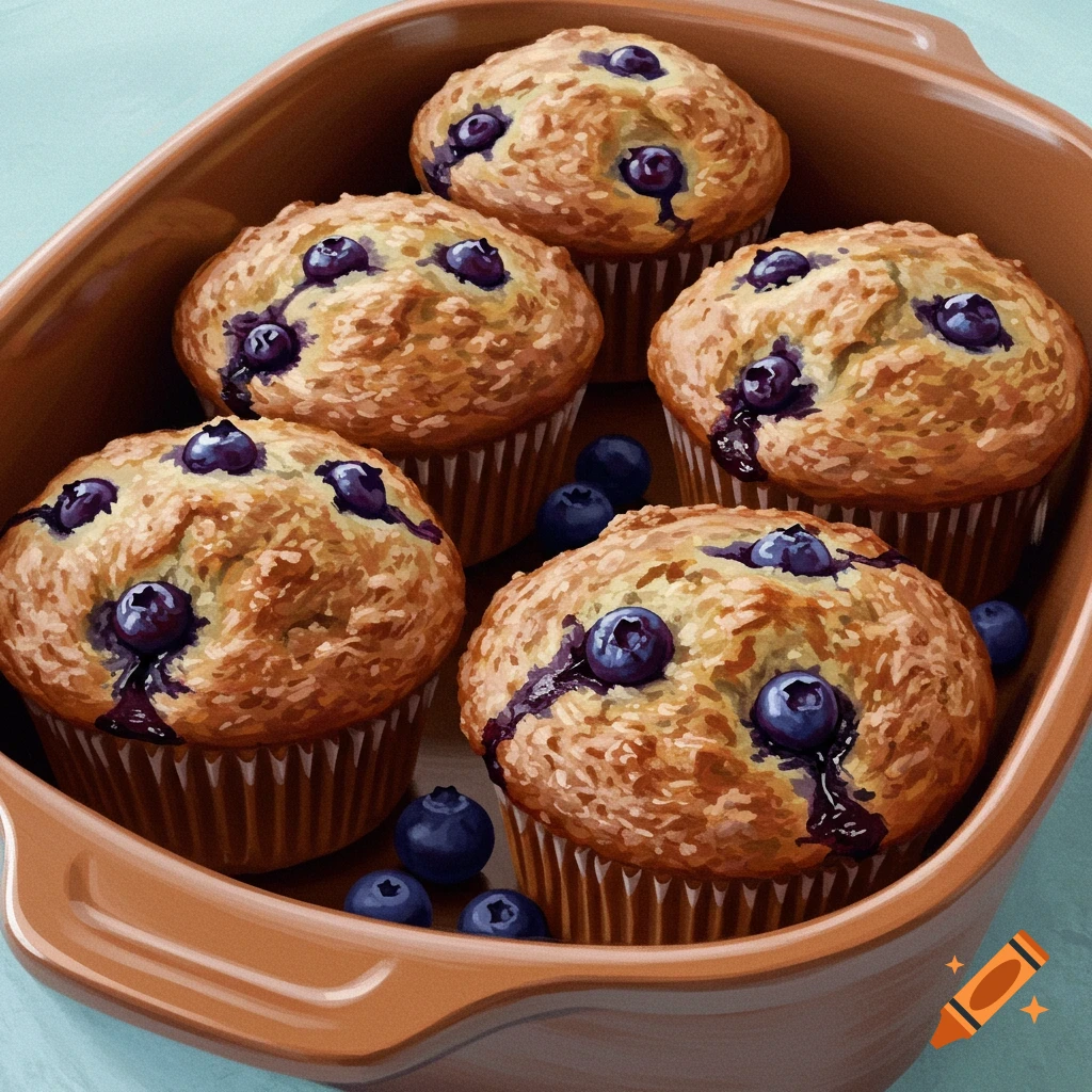 Five blueberry muffins are in a brown baking dish with loose blueberries around them.