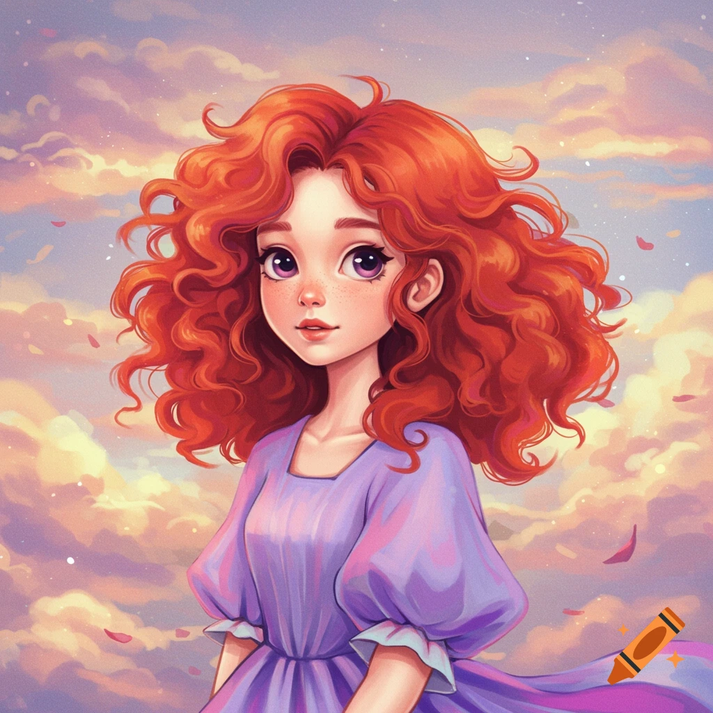 A young girl with red curly hair in a purple dress against a dreamy sky.