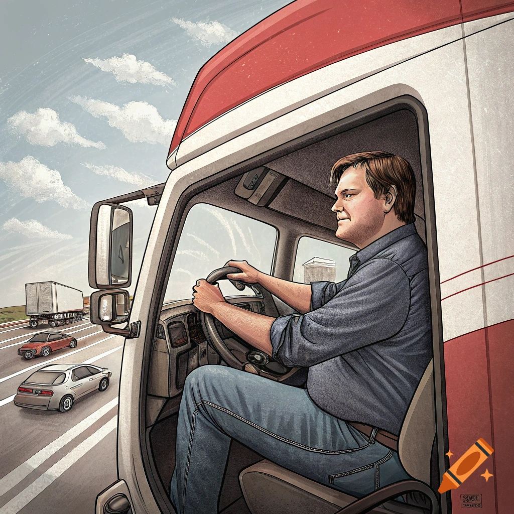 Illustration of a man driving a semi truck on a highway.