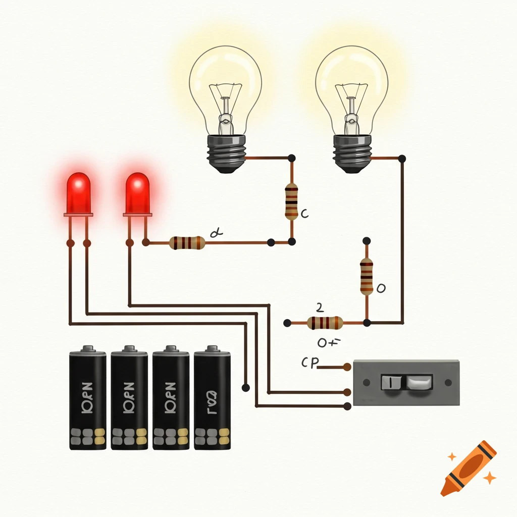 A digital illustration of an electrical circuit diagram with batteries, LEDs, light bulbs, resistors, and a switch.