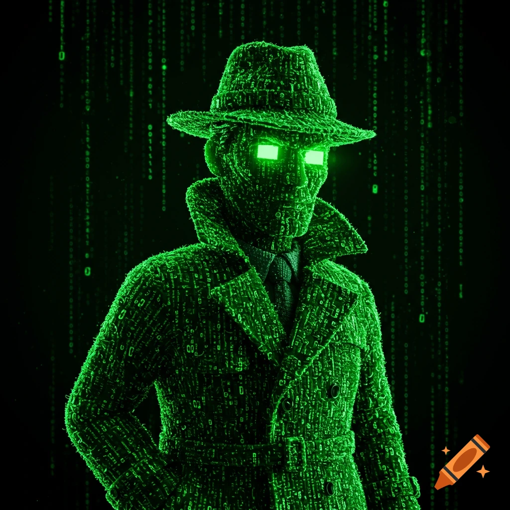 Detective figure composed of green matrix code against a black background with falling code.