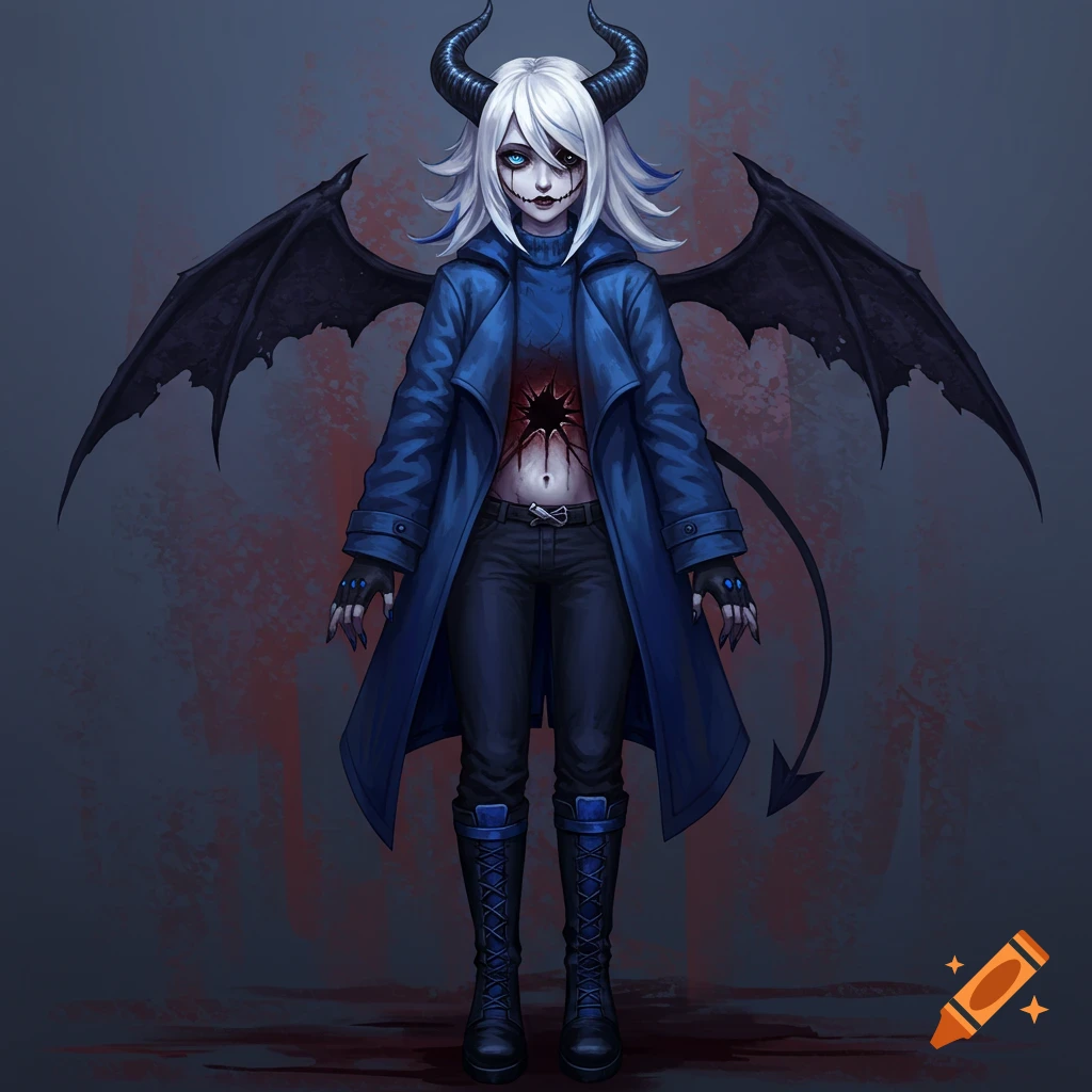 Anime character with white hair, horns, wings, and tail, wearing a blue coat and black pants, with a hole in their chest.