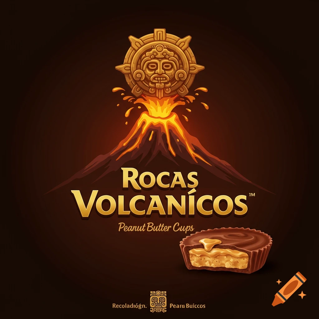 Logo design for Rocas Volcánicos peanut butter cups with a Mayan symbol, volcano, and candy.