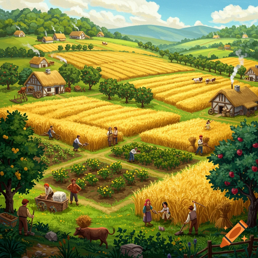 A bustling agricultural society with farmers working in fields, houses, and barns under a sunny sky.