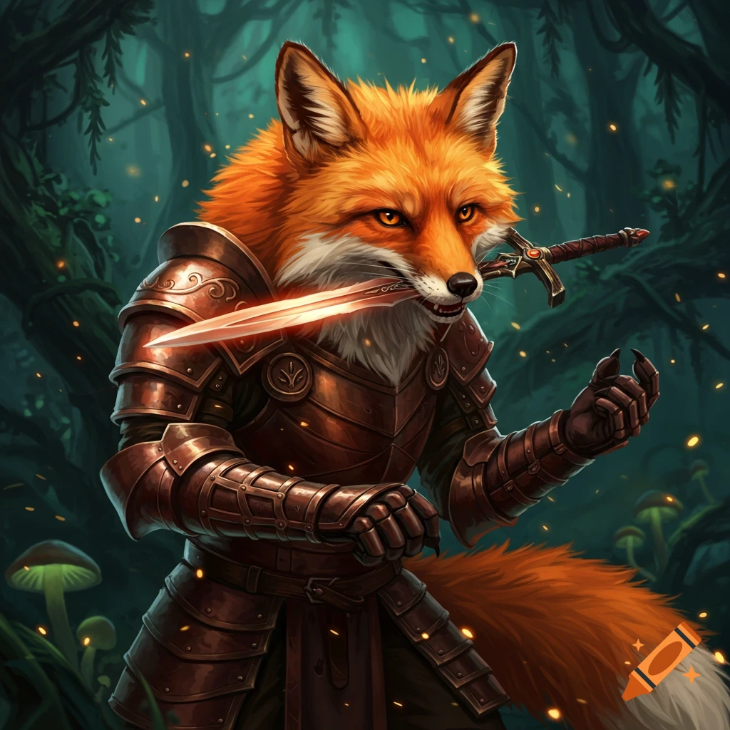 A fox warrior in bronze armor holds a glowing sword in its mouth in a forest.
