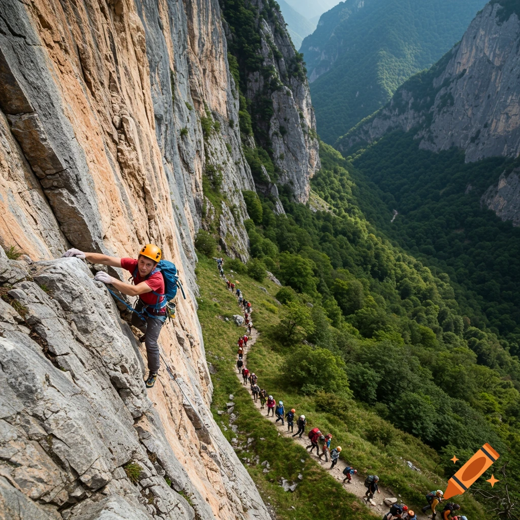 A person rock climbs a cliff face while a line of hikers walk below on a path in a mountain valley.