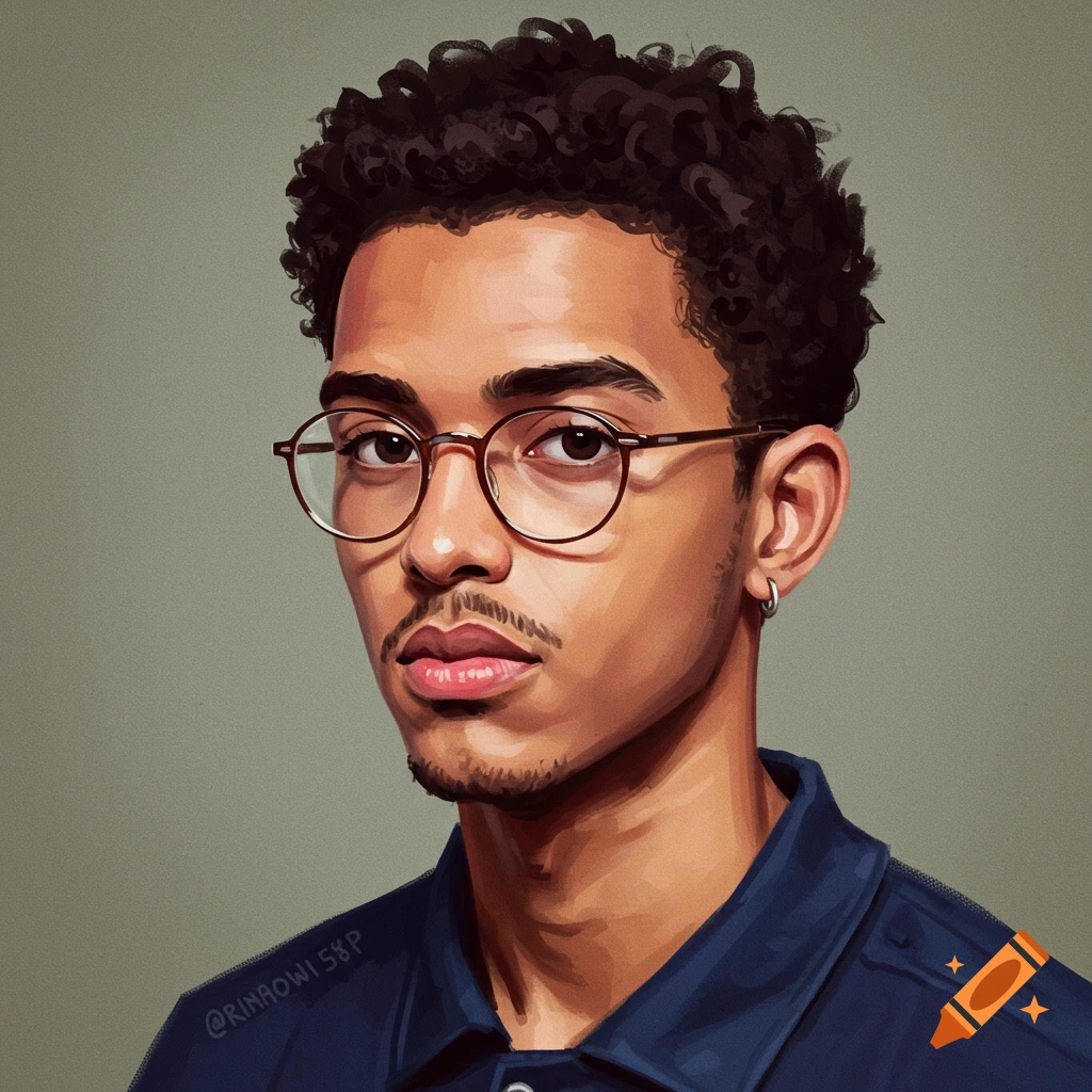 A portrait of a young man with curly hair and glasses.