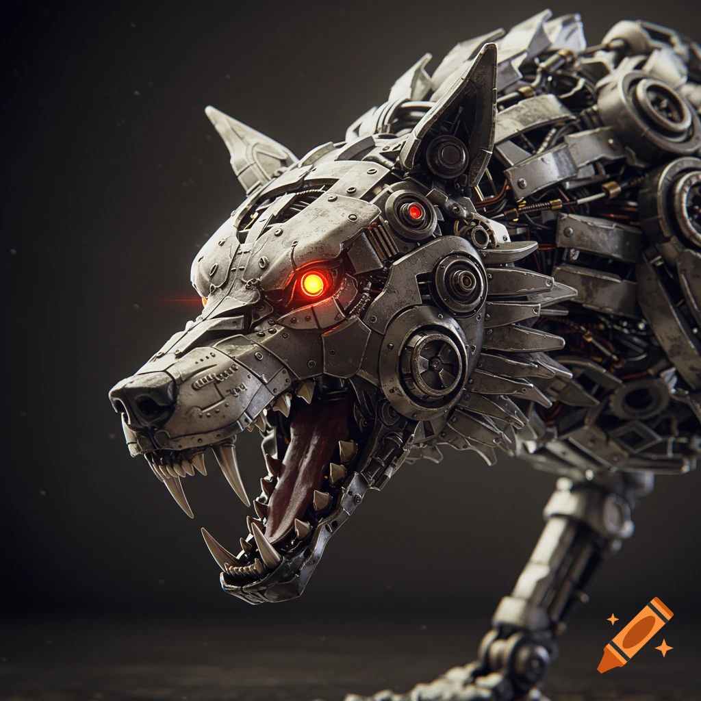 Close-up of a mechanical wolf bearing its fangs