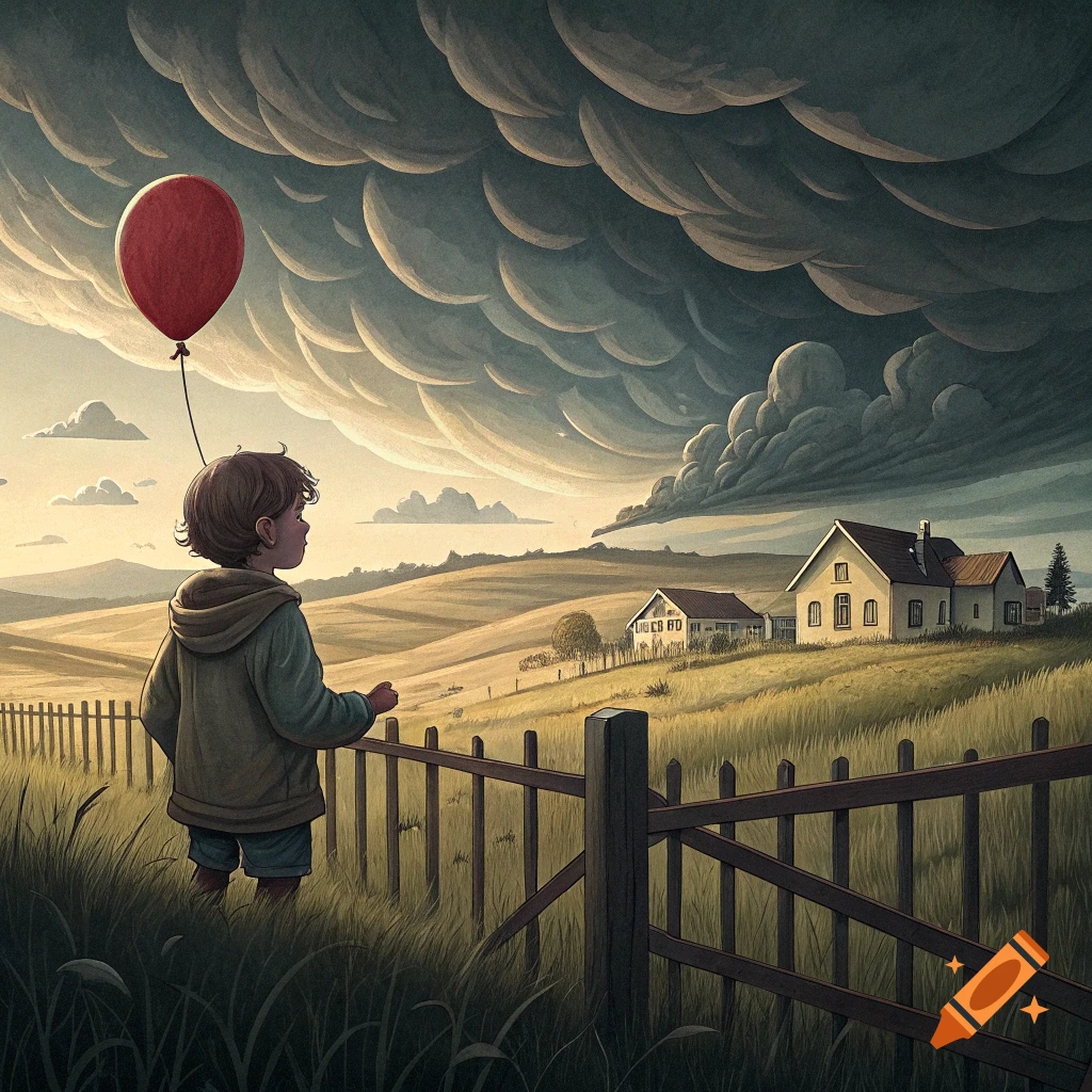 Painting of a child holding a red balloon, watching stormy clouds gather over a rural landscape.