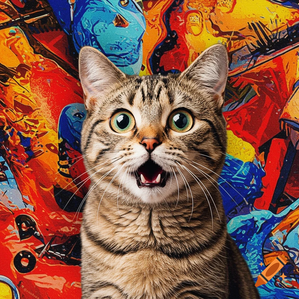 A surprised tabby cat with a colorful abstract background.