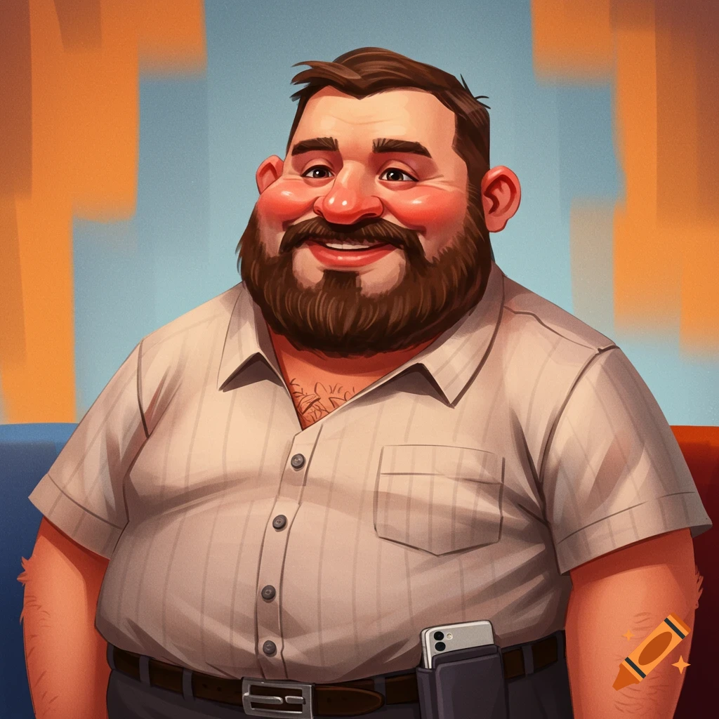 A smiling portly man with a beard and a phone pouch.