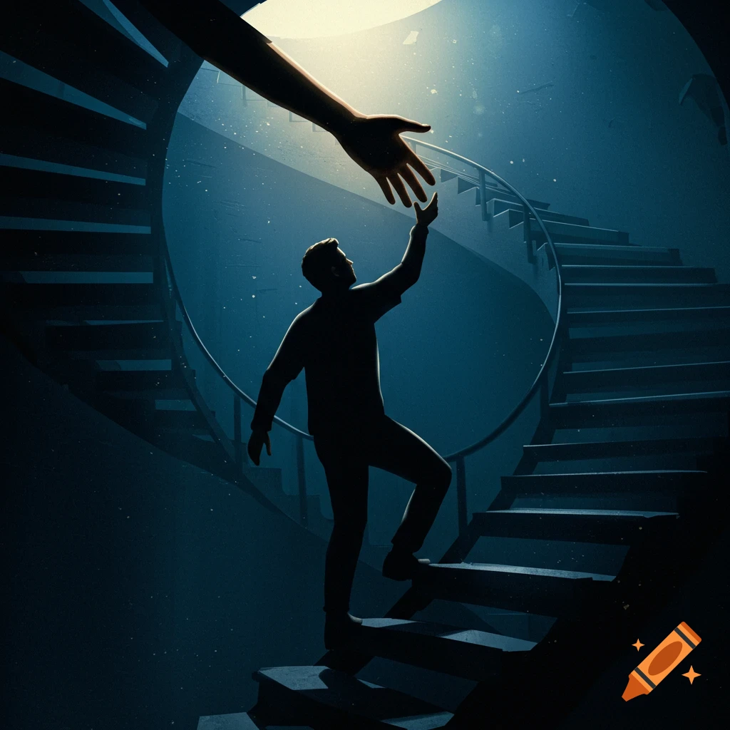Silhouette of a person climbing dark circular stairs, reaching for a large hand reaching down.
