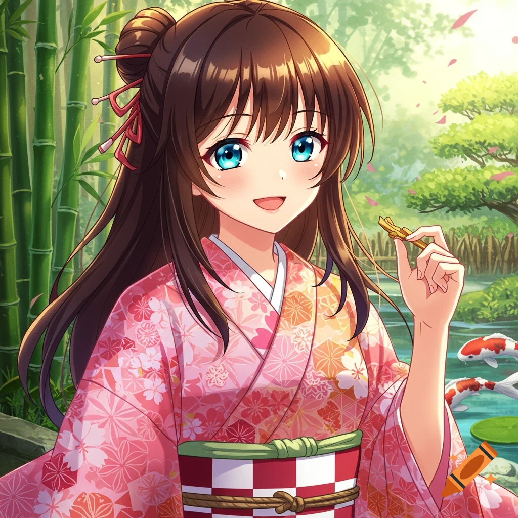 Anime girl in pink kimono in a garden with bamboo and koi pond, holding a small golden object.