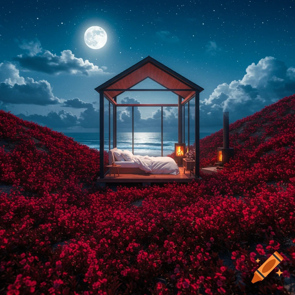 A glass room with a bed sits on a hill of red flowers overlooking the sea at night under a bright moon and starry sky. Fireplaces are outside.