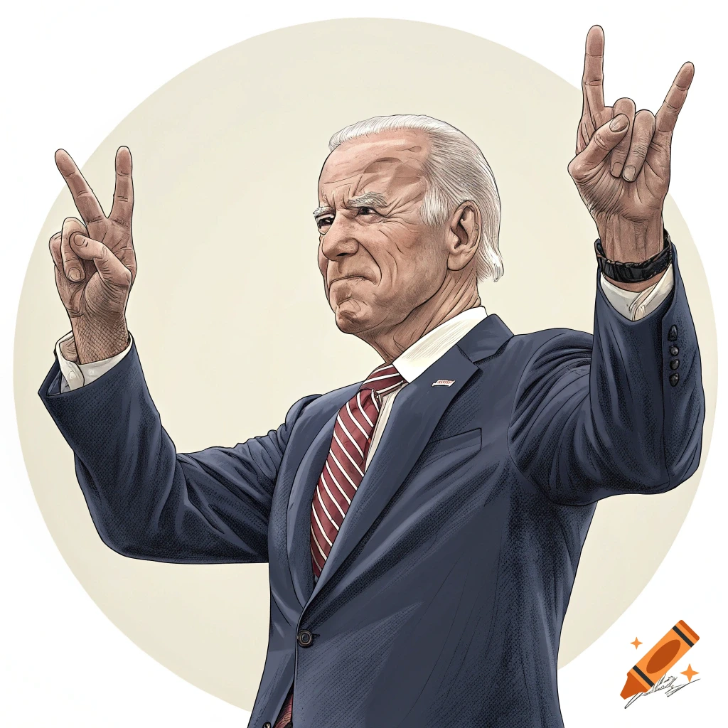 Illustration of Joe Biden doing a peace sign and a rock on sign