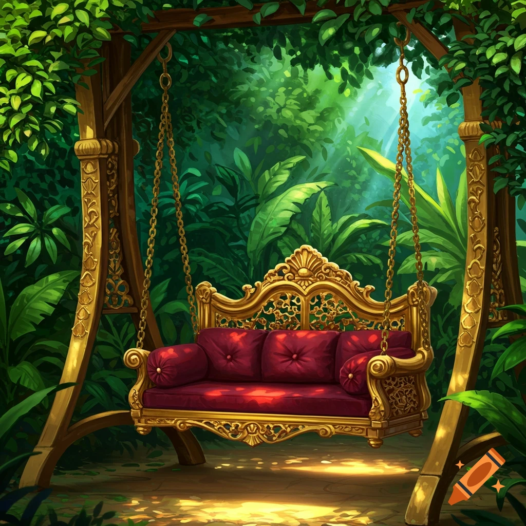 Luxury golden swing with red cushions in a lush jungle.
