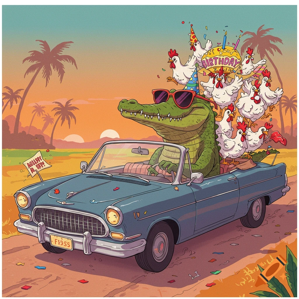 A cartoon alligator drives a blue convertible full of chickens wearing birthday hats and carrying a cake.