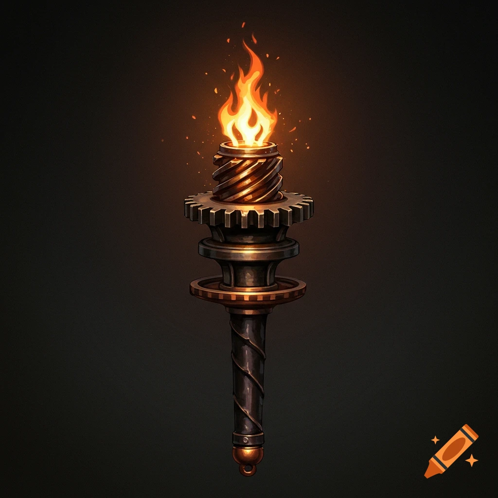 A fantasy torch made from gears and metal, emitting fire.