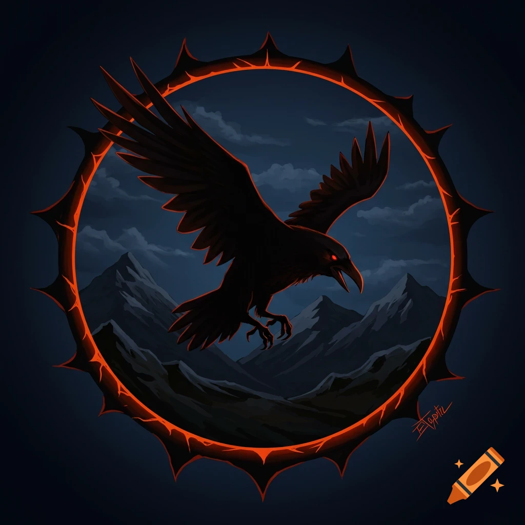 A black raven flying through a spiky orange ring over mountains at night.