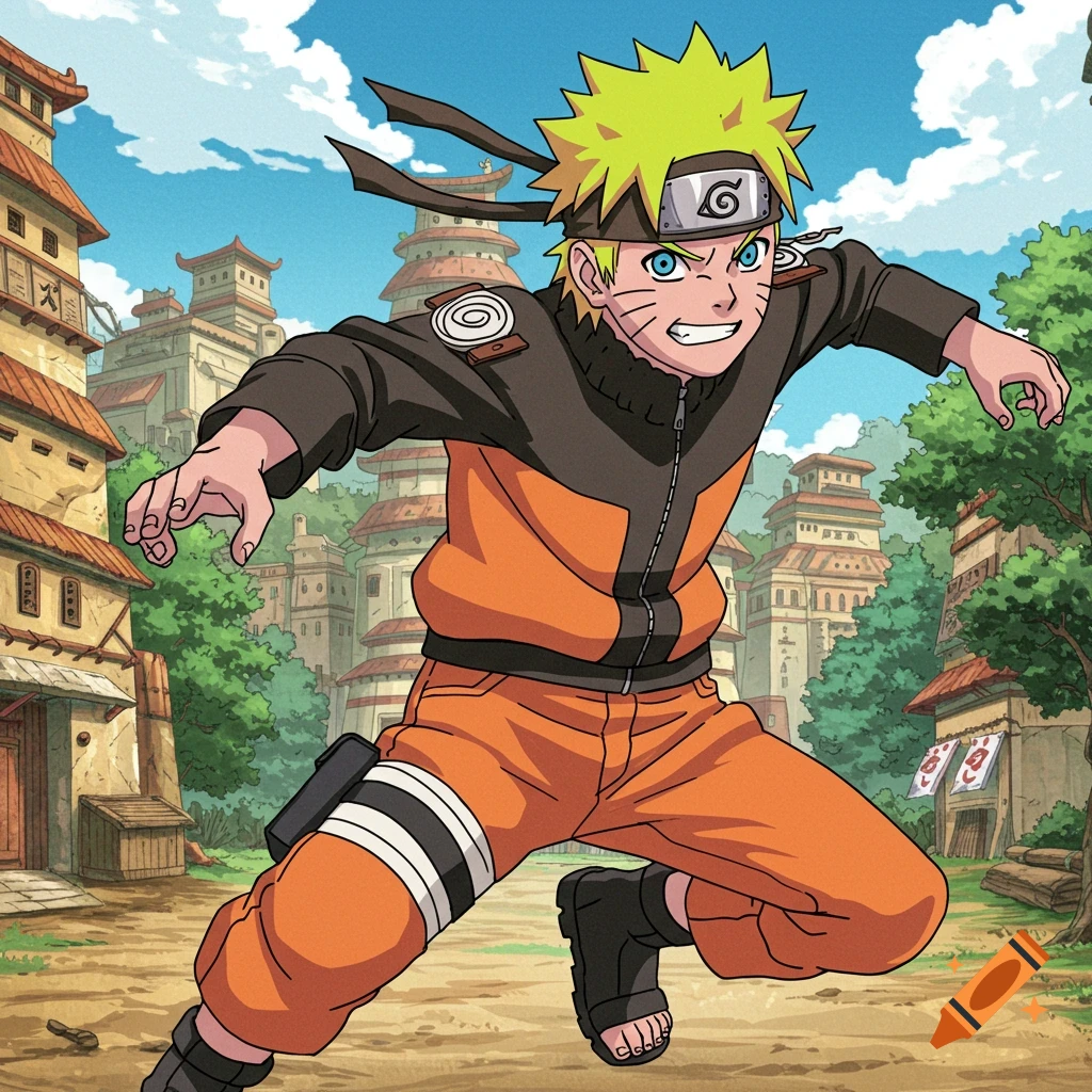 Anime character Naruto running in a village