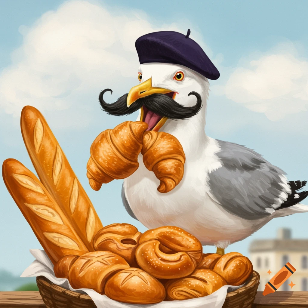 Cartoon seagull in beret and moustache eating croissants from a basket of bread