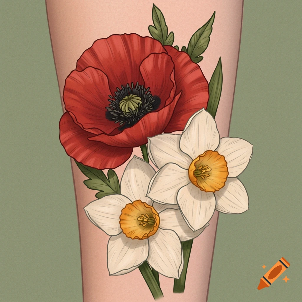 A tattoo design featuring a red poppy and two white narcissus flowers on skin.