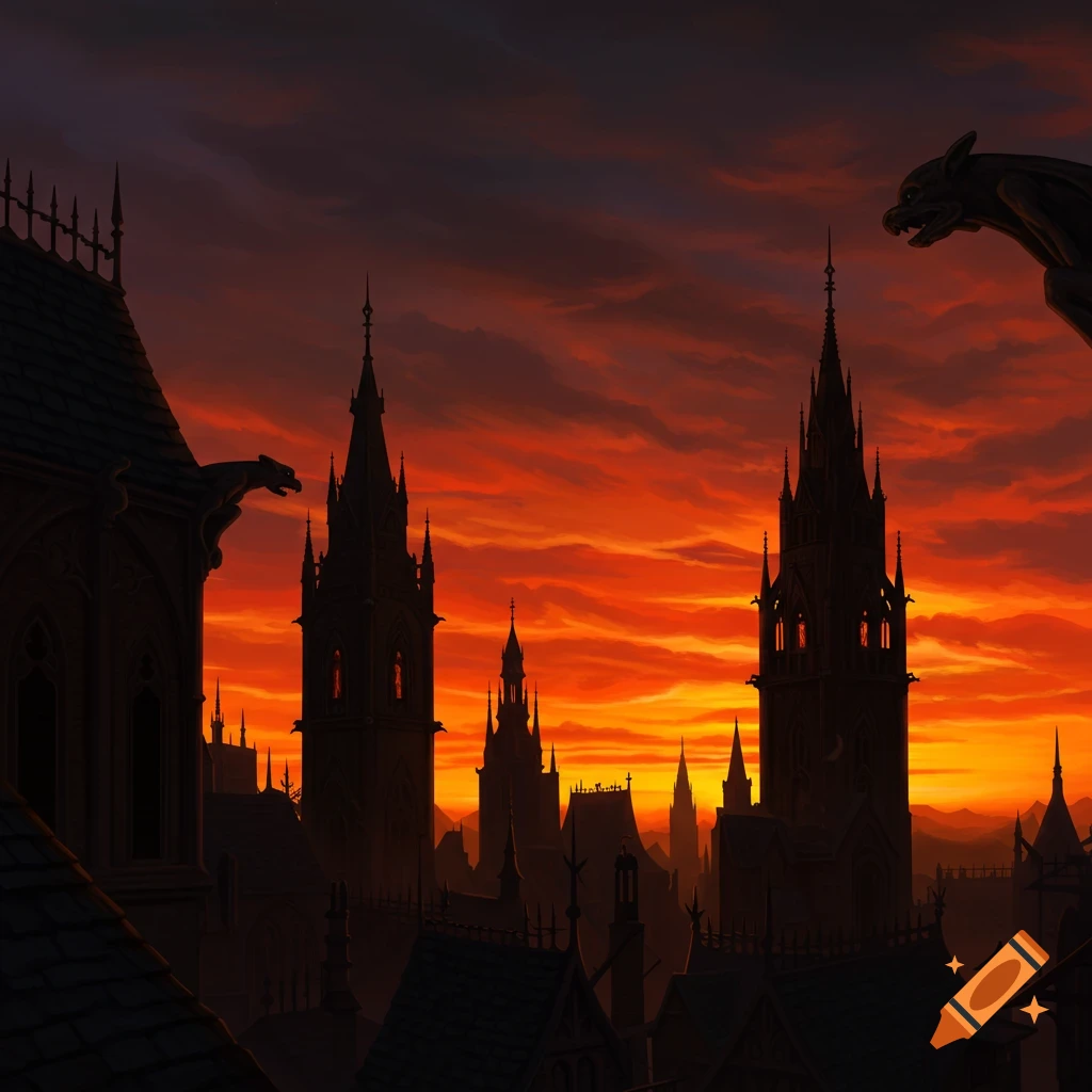 A gothic city skyline silhouetted against a dramatic orange and red sunset.