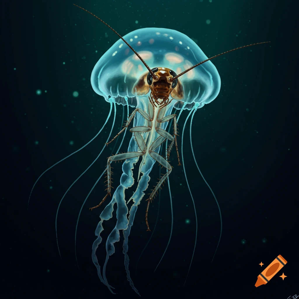 A cockroach-jellyfish hybrid creature floating in dark water.
