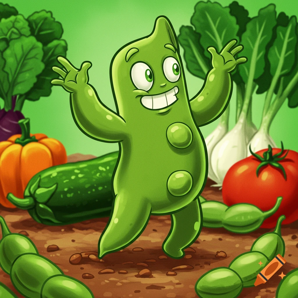 A cartoon green pea pod character smiles with arms raised, surrounded by vegetables.