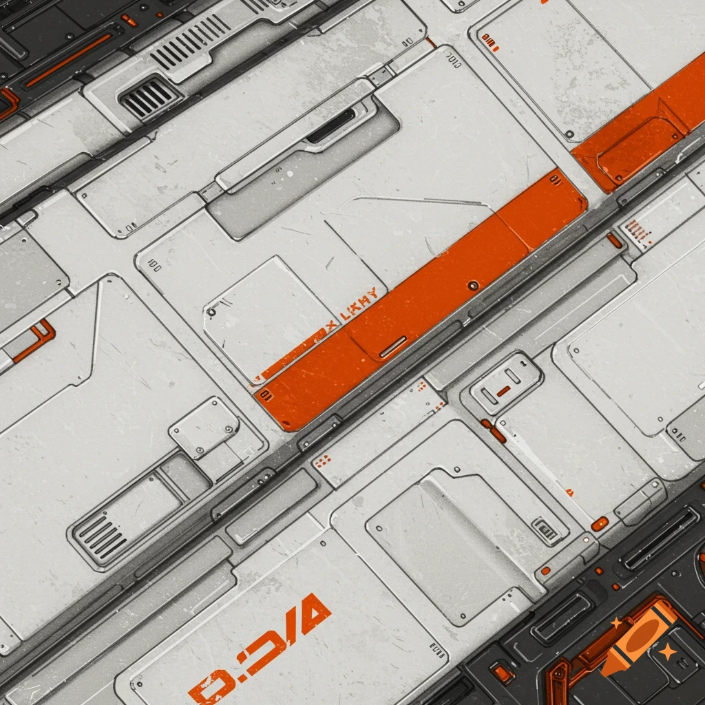 Close-up of white, grey, and orange spaceship panel texture with labels.
