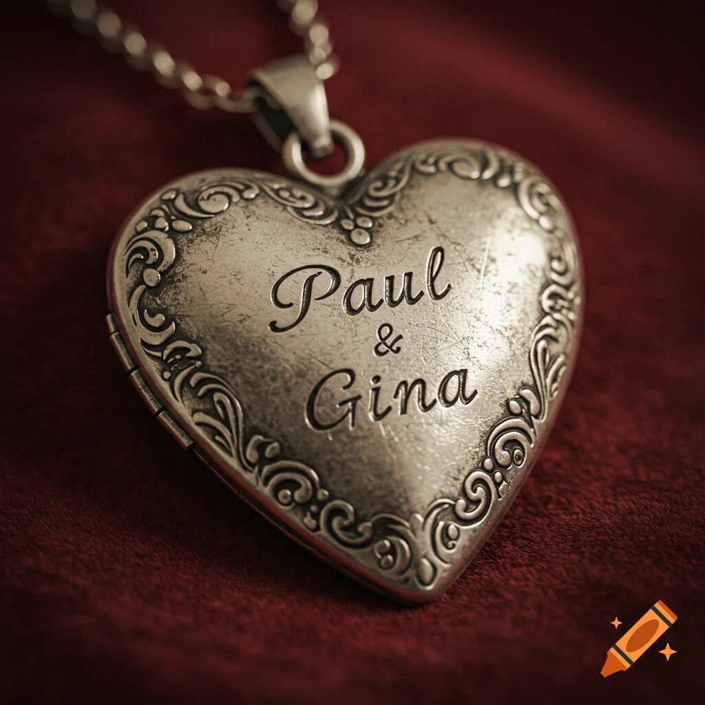 Close-up photo of an antique silver heart locket engraved with Paul & Gina on a red background.